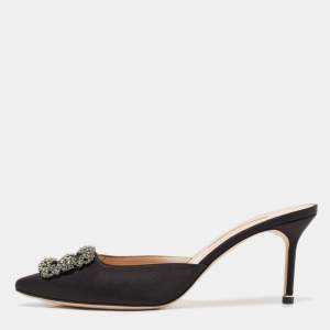 Manolo Blahnik Black Satin Hangisi Mules Size 42