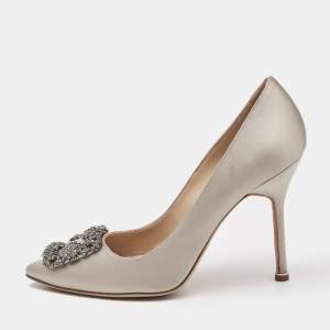 Pre Owned Manolo Blahnik Grey Satin Hangisi Pumps Size 38