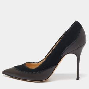 Manolo Blahnik Brown/Black Leather and Suede Pointed Toe Pumps Size 38.5