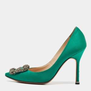 Manolo Blahnik Green Satin Hangisi Crystal Embellished Pumps Size 34.5