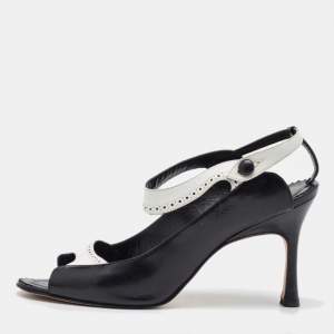 Manolo Blahnik Black/White Leather Brogue Slingback Sandals Size 38.5