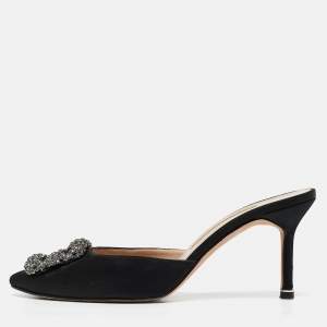 Manolo Blahnik Black Satin Hangisi Mules Size 37.5