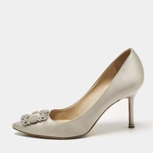 Pre Owned Manolo Blahnik Grey Satin Hangisi Crystal Embellished Pumps Size 39