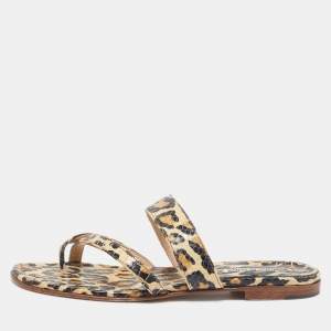 Manolo Blahnik Brown Leopard Pint Python Leather Thong Flat Slides Size 38