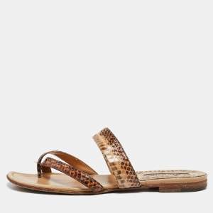 Manolo Blahnik Brown Python Leather Susa Flat Sandals Size 38
