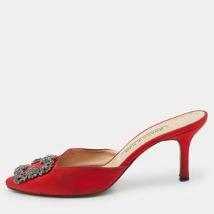 Manolo Blahnik Red Satin Jewel Buckle Hangisi Mules Size 37.5