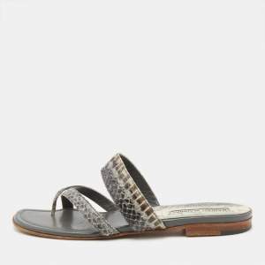 Manolo Blahnik Grey/Black Snakeskin Leather Susa Flat Sandals Size 38