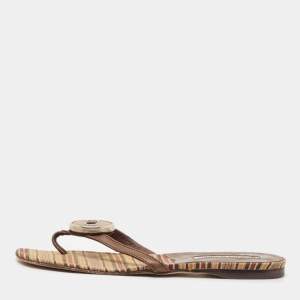 Manolo Blahnik Brown Canvas and Leather Thong Flats Size 36.5