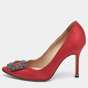 Pre Owned Manolo Blahnik Red Satin Hangisi Pumps Size 36