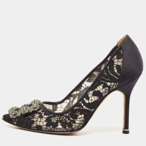 Manolo Blahnik Black Lace And Mesh Hangisi Pumps Size 36.5