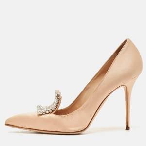 Manolo Blahnik Dusty Pink Satin Borlak Crystal Embellished Pumps Size 38.5