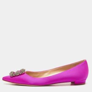 Manolo Blahnik Pink Satin Hangisi Crystal Embellished Ballet Flats Size 40.5