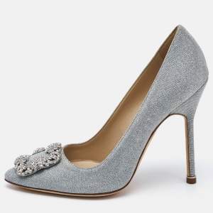 Manolo Blahnik Silver Lurex Fabric Hangisi Pumps Size 37.5
