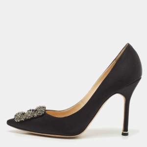 Manolo Blahnik Black Satin Hangisi Crystal Embellished Pumps Size 36.5