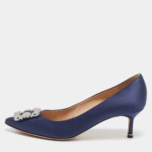 Manolo Blahnik Navy Blue Satin Hangisi Pumps Size 40.5