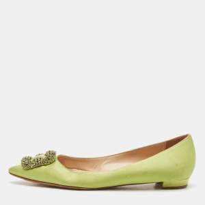 Manolo Blahnik Green Satin Hangisi Crystal Embellished Ballet Flats Size 39.5