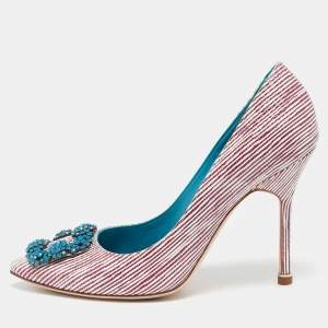 Manolo Blahnik Red/White Stripe Leather Hangisi Crystal Embellished Pumps Size 37
