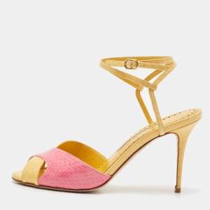 Pre Owned Manolo Blahnik Yellow/Pink Python Embossed Patent Leather Mumbi Ankle Strap Sandals Size 36