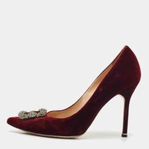 Manolo Blahnik Burgundy Velvet Hangisi Crystal Embellished Pumps Size 41