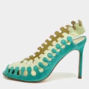 Manolo Blahnik Two Tone Cutout Suede Slingback Peep Toe Pumps Size 37.5