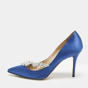 Manolo Blahnik Blue Satin Nadira Crystal Embellished Pointed Toe Pumps Size 38