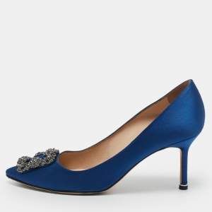 Manolo Blahnik Blue Satin Hangisi Crystal Embellished Pumps Size 38.5