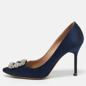 Manolo Blahnik Blue Satin Hangisi Embellished Pumps Size 39.5