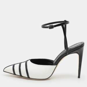 Manolo Blahnik White/Black Canvas and Patent Leather Ankle Strap Sandals Size 37
