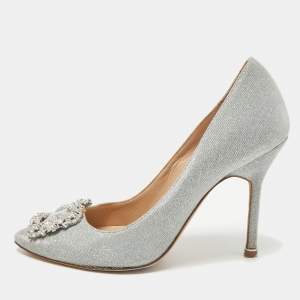 Manolo Blahnik Silver Lurex Fabric Hangisi Pumps Size 37.5