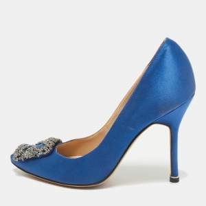 Manolo Blahnik Blue Satin Hangisi Crystal Embellished Pumps Size 36