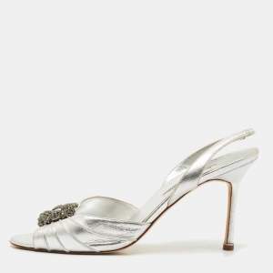 Manolo Blahnik Silver Leather Cassia Slingback Sandals Size 41