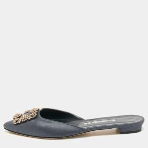 Manolo Blahnik Grey Satin Hangisi Flat Mules Size 39