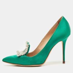 Manolo Blahnik Green Satin Borlak Crystal Embellished Pumps Size 34.5