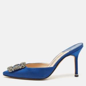 Manolo Blahnik Blue Satin Crystal Buckle Hangisi Mules Size 36