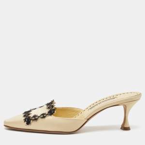 Pre Owned Manolo Blahnik Light Yellow Satin Lace Detail Mules Size 38.5