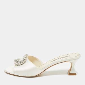 Pre Owned Manolo Blahnik Off White Satin Laalita Mules Size 40