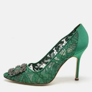 Pre Owned Manolo Blahnik Green Lace and Mesh Hangisi Pumps Size 37.5