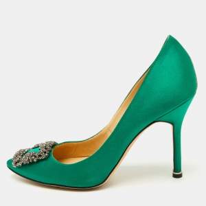 Pre Owned Manolo Blahnik Green Satin Hangisi Crystal Embellished Pumps Size 37.5