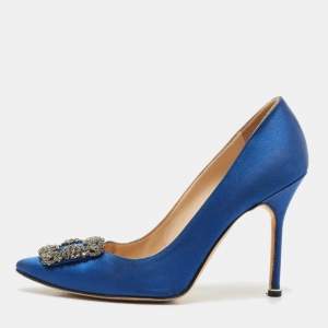 Pre Owned Manolo Blahnik Blue Satin Hangisi Crystal Embellished Pumps Size 38.5
