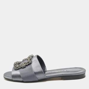 Pre Owned Manolo Blahnik Navy Blue Satin  Martamod  Flat Sandals Size 38