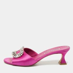 Pre Owned Manolo Blahnik Purple Satin Laalita Slide Sandals Size 38