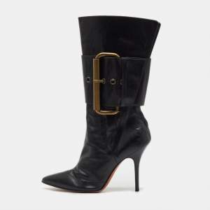 Pre Owned Manolo Blahnik Black Leather Buckle Strap Mid Calf Length Boots Size 38.5