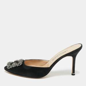 Pre Owned Manolo Blahnik Black Satin Hangisi Mules Sandals Size 38