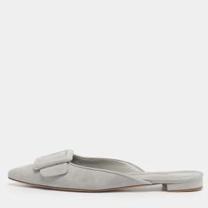 Pre Owned Manolo Blahnik Grey Suede Maysale Mules Size 38.5