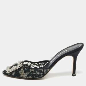 Pre Owned Manolo Blahnik Black Lace and Mesh Hangisi Mules Size 36.5