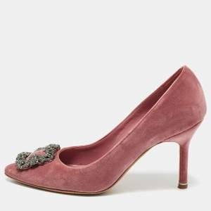 Pre Owned Manolo Blahnik Pink Velvet Hangisi Pumps Size 37.5