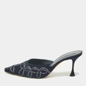 Pre Owned Manolo Blahnik Navy Blue Suede Mules Size 38.5