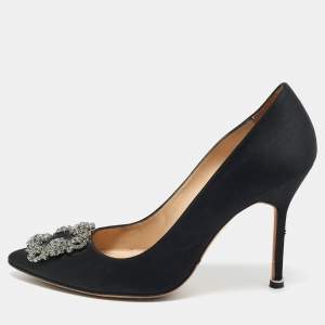 Pre Owned Manolo Blahnik Black Satin Hangisi Crystal Embellished Pumps Size 38.5