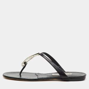 Pre Owned Manolo Blahnik Black Leather Flat Thong Sandals Size 40