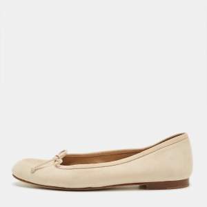 Pre Owned Manolo Blahnik Beige Suede Veralli Bow Detailed Ballet Flats Size 38
